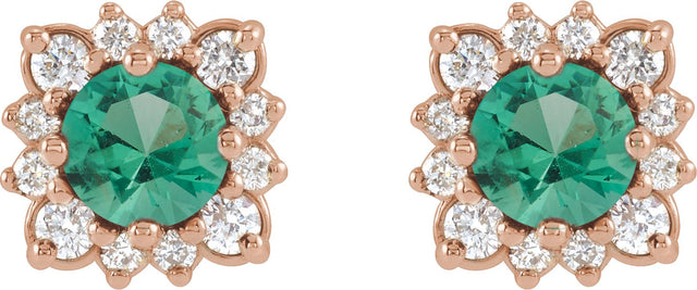 14K Gold Lab-Grown Emerald & Natural Diamond Round Halo-Style Earrings - Rose Gold - view 2