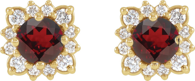 14K Gold Natural Mozambique Garnet & Natural Diamond Round Halo-Style Earrings - Yellow Gold - view 2