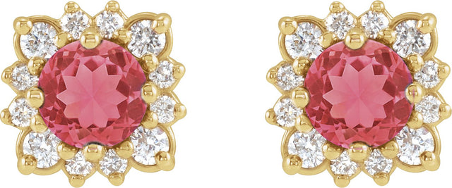 14K Gold Natural Ruby & Natural Diamond Round Halo-Style Earrings - Yellow Gold - view 2