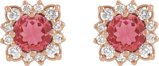 14K Gold Natural Ruby & Natural Diamond Round Halo-Style Earrings - Rose Gold - view 2