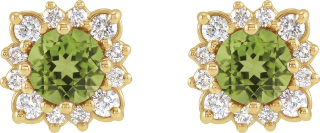 14K Gold Natural Peridot & Natural Diamond Round Halo-Style Earrings - Yellow Gold - view 2
