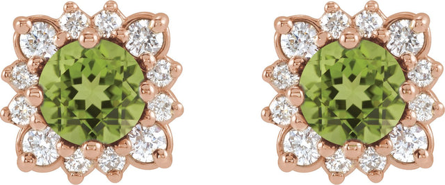 14K Gold Natural Peridot & Natural Diamond Round Halo-Style Earrings - Rose Gold - view 2