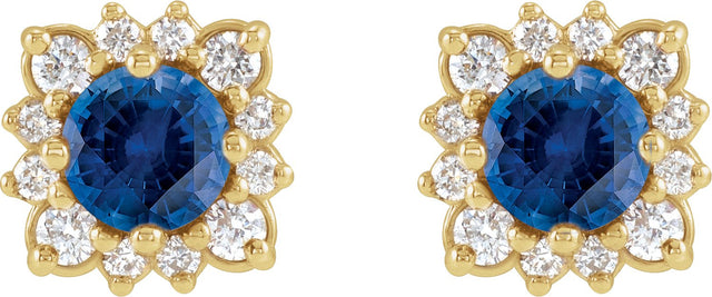 14K Gold Lab-Grown Blue Sapphire & Natural Diamond Round Halo-Style Earrings - Yellow Gold - view 2