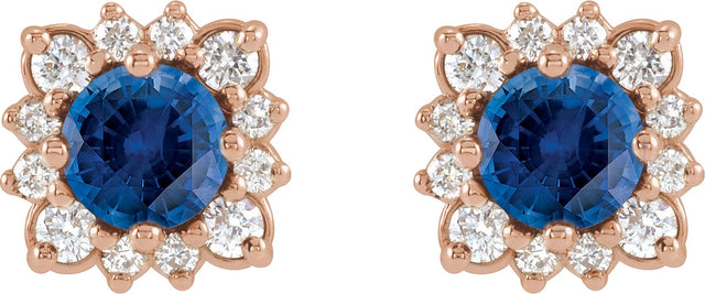 14K Gold Lab-Grown Blue Sapphire & Natural Diamond Round Halo-Style Earrings - Rose Gold - view 2