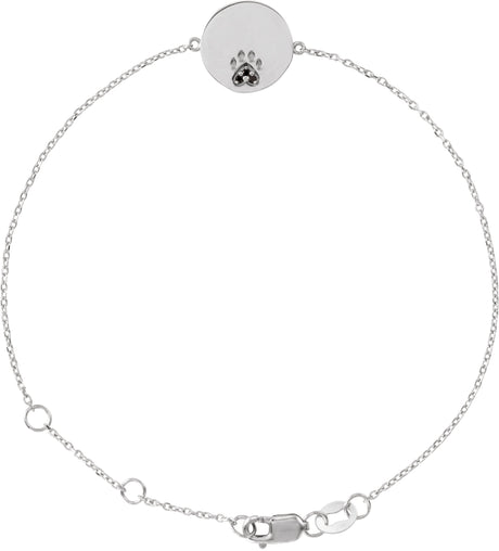 14K Gold Round Natural Black Spinel Engravable Paw Print Bracelet - White Gold