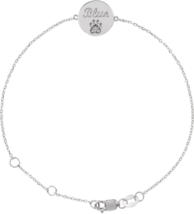 14K Gold Round Natural White Sapphire Engravable Paw Print Bracelet - White Gold - view 2