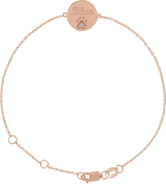 14K Gold Round Natural White Sapphire Engravable Paw Print Bracelet - Rose Gold - view 2