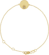 14K Gold Round Natural White Sapphire Engravable Paw Print Bracelet - Yellow Gold