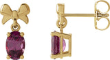 14K Gold Oval Natural Rhodolite Garnet Solitaire Bow Earrings - Yellow Gold