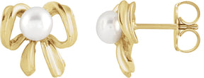 14K Gold Cultured White Freshwater Pearl Pearl Bow Earrings - Yellow Gold