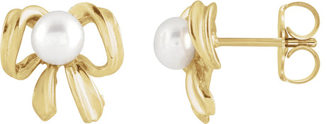 14K Gold Cultured White Freshwater Pearl Pearl Bow Earrings - Yellow Gold
