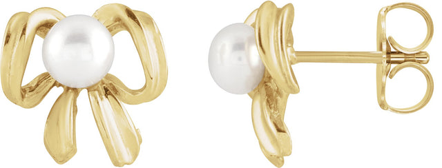 14K Gold Cultured White Freshwater Pearl Pearl Bow Earrings - Yellow Gold