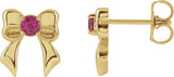 14K Gold Round Natural Pink Tourmaline Bow Stud Earrings - Yellow Gold
