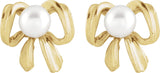 14K Gold Cultured White Freshwater Pearl Pearl Bow Earrings - Yellow Gold - view 2