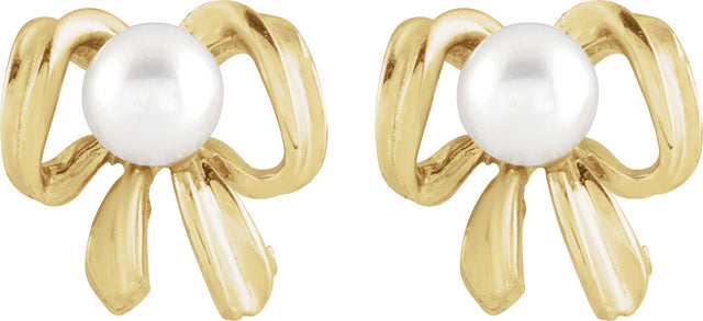 14K Gold Cultured White Freshwater Pearl Pearl Bow Earrings - Yellow Gold - view 2