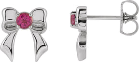 Platinum Round Natural Pink Tourmaline Bow Stud Earrings
