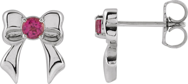 14K Gold Round Natural Pink Tourmaline Bow Stud Earrings - White Gold