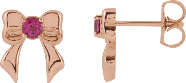 14K Gold Round Natural Pink Tourmaline Bow Stud Earrings - Rose Gold