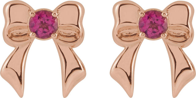 14K Gold Round Natural Pink Tourmaline Bow Stud Earrings - Rose Gold - view 2