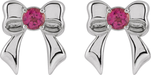 14K Gold Round Natural Pink Tourmaline Bow Stud Earrings - White Gold - view 2