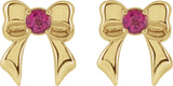 14K Gold Round Natural Pink Tourmaline Bow Stud Earrings - Yellow Gold - view 2