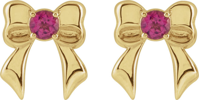 14K Gold Round Natural Pink Tourmaline Bow Stud Earrings - Yellow Gold - view 2