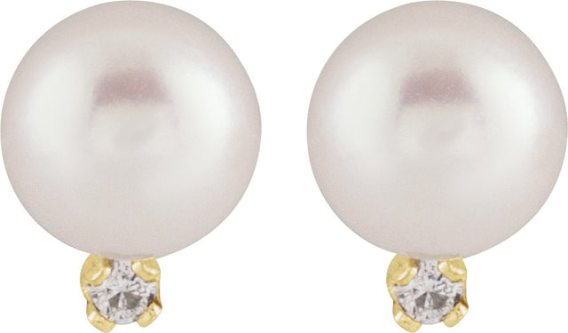 14K Gold Cultured White Akoya Pearl & Natural Diamond Accented Pearl Earrings - view 2