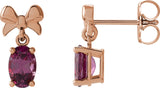 14K Gold Oval Natural Rhodolite Garnet Solitaire Bow Earrings - Rose Gold