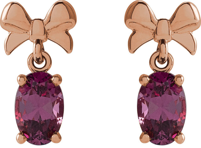 14K Gold Oval Natural Rhodolite Garnet Solitaire Bow Earrings - Rose Gold - view 2