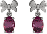Platinum Oval Natural Rhodolite Garnet Solitaire Bow Earrings - view 2