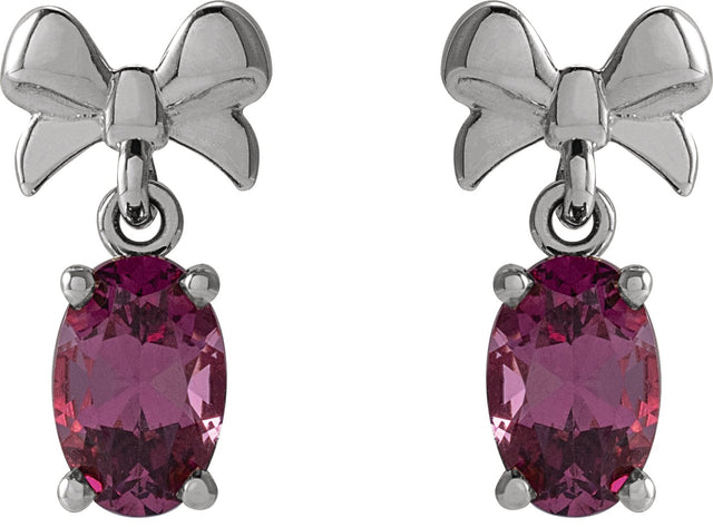Platinum Oval Natural Rhodolite Garnet Solitaire Bow Earrings - view 2