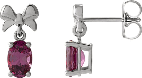 14K Gold Oval Natural Rhodolite Garnet Solitaire Bow Earrings - White Gold