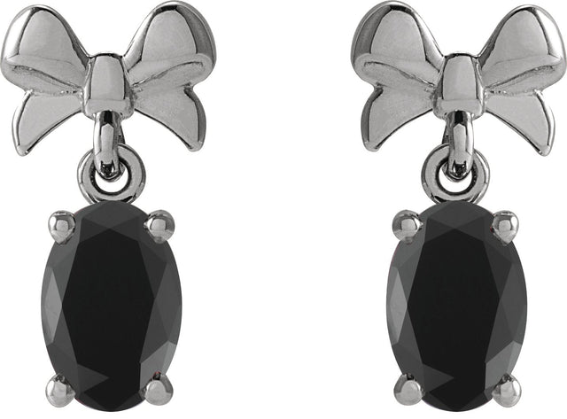 14K Gold Oval Natural Black Onyx Solitaire Bow Earrings - White Gold - view 2