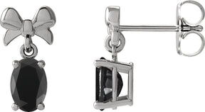 Platinum Oval Natural Black Onyx Solitaire Bow Earrings