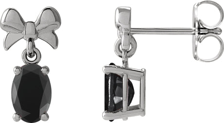 Platinum Oval Natural Black Onyx Solitaire Bow Earrings