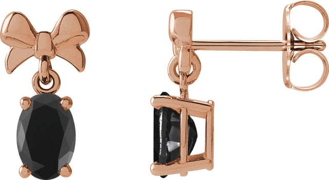 14K Gold Oval Natural Black Onyx Solitaire Bow Earrings - Rose Gold