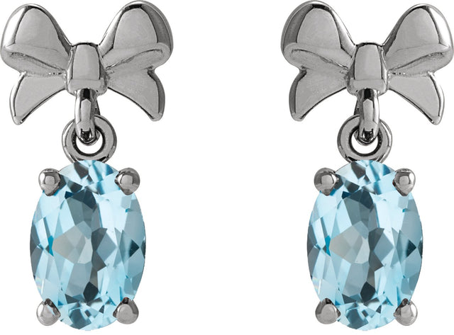 Platinum Oval Natural Sky Blue Topaz Solitaire Bow Earrings - view 2