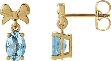 14K Gold Oval Natural Sky Blue Topaz Solitaire Bow Earrings - Yellow Gold