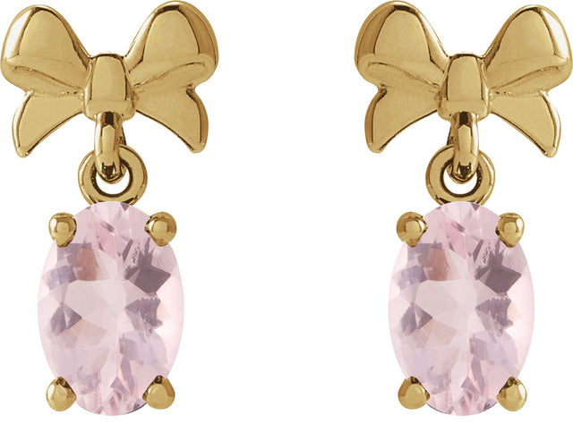 14K Gold Oval Natural Pink Morganite Solitaire Bow Earrings - Yellow Gold - view 2