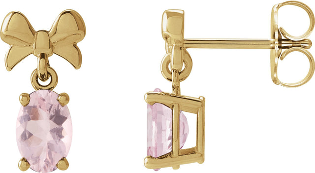 14K Gold Oval Natural Pink Morganite Solitaire Bow Earrings - Yellow Gold