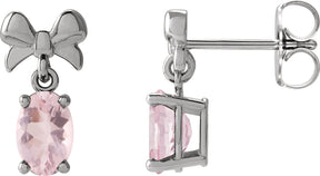 Platinum Oval Natural Pink Morganite Solitaire Bow Earrings