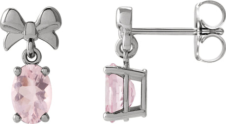 14K Gold Oval Natural Pink Morganite Solitaire Bow Earrings - White Gold