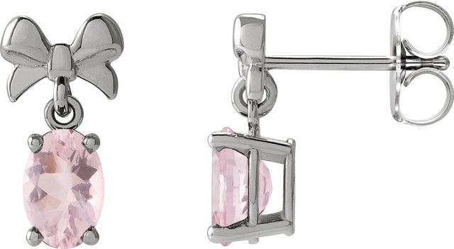 14K Gold Oval Natural Pink Morganite Solitaire Bow Earrings - White Gold