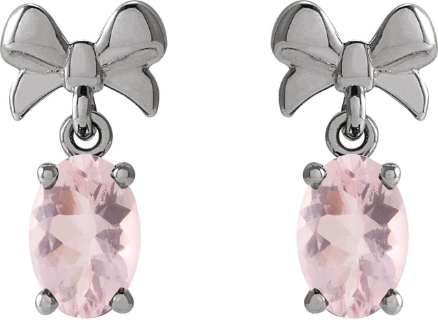 14K Gold Oval Natural Pink Morganite Solitaire Bow Earrings - White Gold - view 2