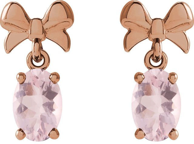 14K Gold Oval Natural Pink Morganite Solitaire Bow Earrings - Rose Gold - view 2