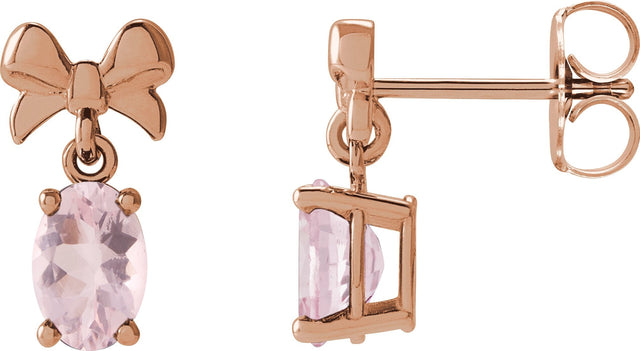 14K Gold Oval Natural Pink Morganite Solitaire Bow Earrings - Rose Gold