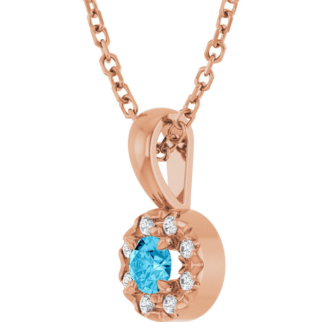 14K Gold Emerald Natural Aquamarine Halo-Style Necklace or Pendant - Rose Gold - view 5