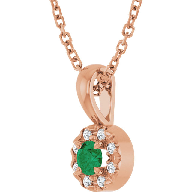 14K Gold Emerald Lab-Grown Emerald Halo-Style Necklace or Pendant - Rose Gold - view 5
