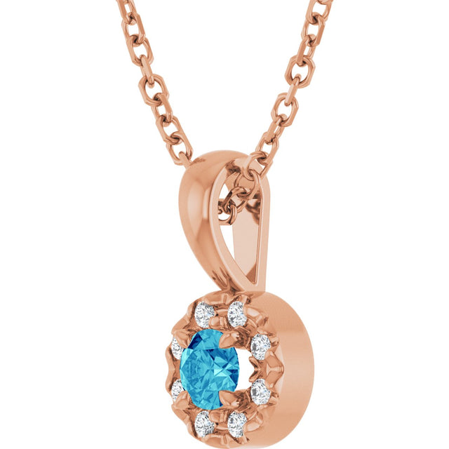 14K Gold Emerald Natural Blue Zircon Halo-Style Necklace or Pendant - Rose Gold - view 5