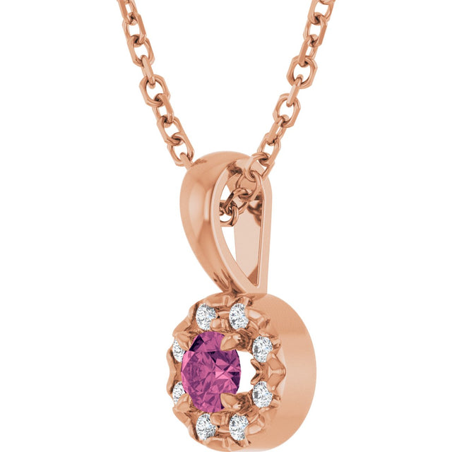 14K Gold Emerald Natural Pink Tourmaline Halo-Style Necklace or Pendant - Rose Gold - view 5